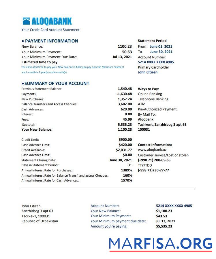 Realistic Uzbekistan Aloqabank bank statement excel example
